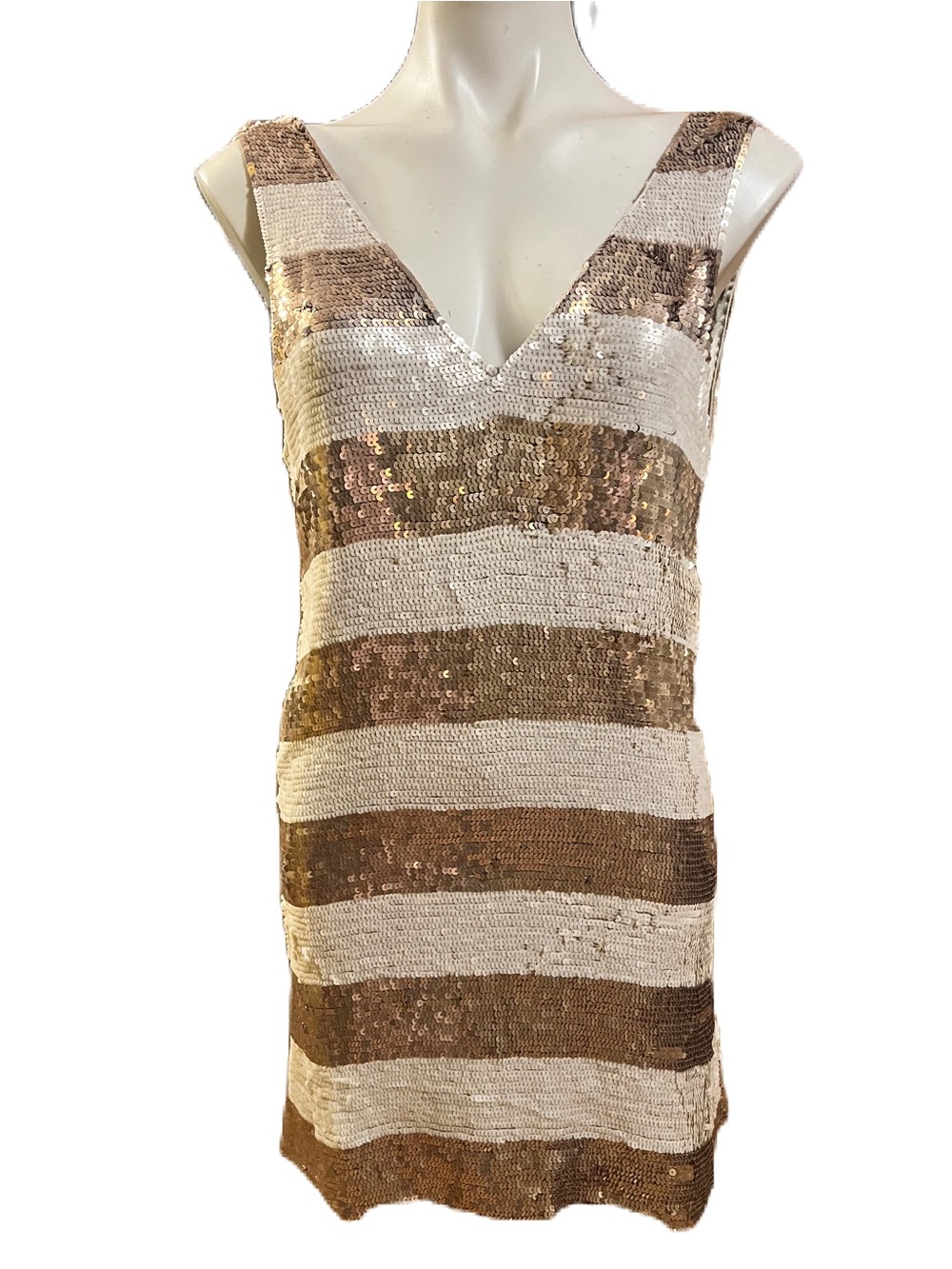 Parker Striped Sequin V-Neck Mini Dress in Gold and White
